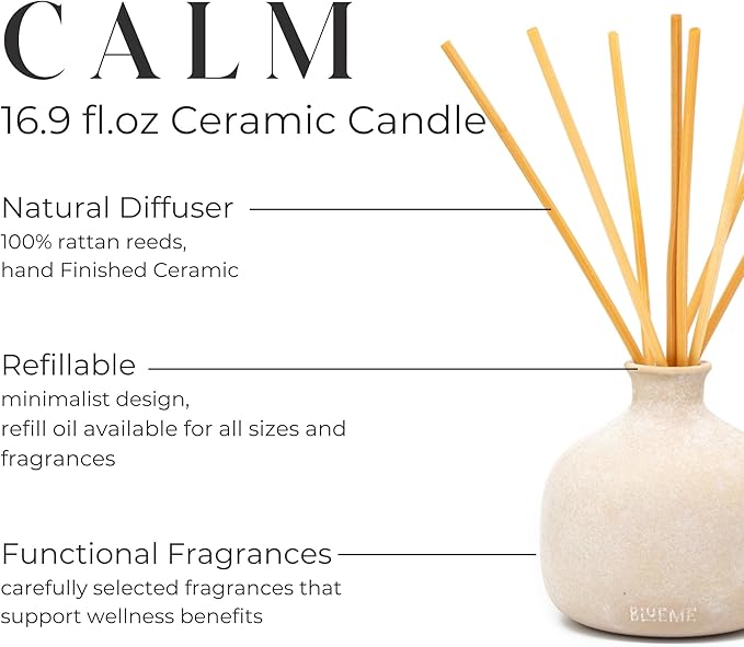 BLUEME Calm-Osmanthus & Sandalwood, 16.91 Fl Oz Wellness Diffuser, Contains Essential Oil, Sustainable, Hand Finished, Premium, Luxury Ceramic, Natural Rattan Reeds