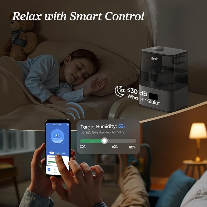 LEVOIT Humidifiers for Bedroom Large Room Home, (6L) Cool Mist Top Fill Essential Oil Diffuser for Baby & Plants, Smart App & Voice Control, Rapid Humidification & Auto Mode - Quiet Sleep Mode, Gray - Bloomnest