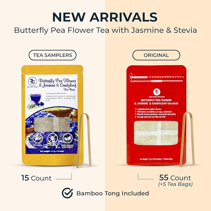 Butterfly Pea Flower Tea Samplers with Jasmine & Stevia - 15 Count, Mini Tea Bags, Bamboo Tong Included, No Sugar Added, Re-Steep Natural Herbal Tea Blend for Skin,Support - Bloomnest