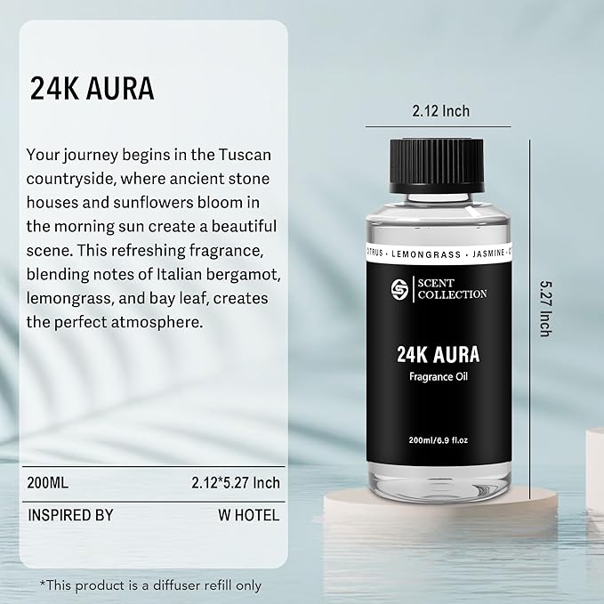 Luxury Hotel Scent 24K Aura Diffuser Oil Waterless Essential Aromatherapy for Cold Air & Car Diffusers – Long Lasting Refill for Large Room & Home - Signature Lemongrass (200ml/6.76Fl oz) - Bloomnest