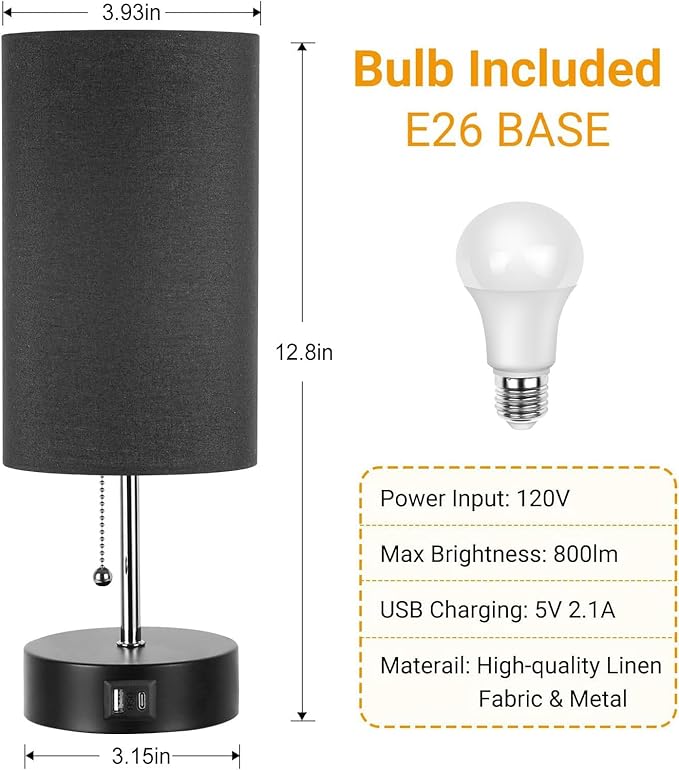 3-Color Temperature Bedside Lamp Nightstand Lamp with USB A Port and C Port, Table Lamp for Bedroom with LED Bulb Small Lamps for Living Room (Black) - Bloomnest