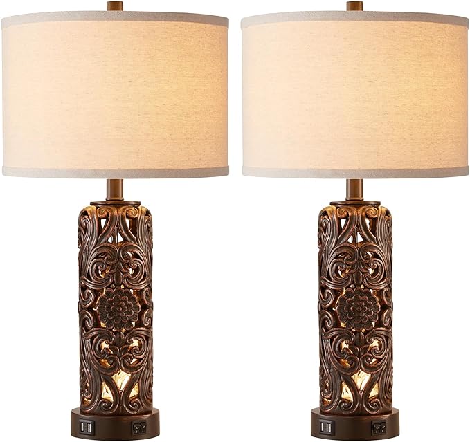 Farmhouse Table Lamps Set of 2, Vintage Lamp for Living Room and 2 USB Ports Bedside Lamp with Nightlight for Bedroom, Dark Brown Hollow Out Resin Nightstand Lamp, 2 Bulbs Included - Bloomnest