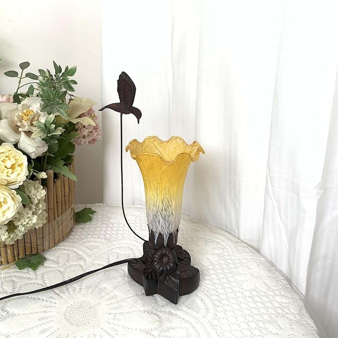 Bieye LL07 Hummingbird Flying Over Lily Flower Blown Glass Table Lamp for Home Decor (White Yellow, 4.25Wx12H)