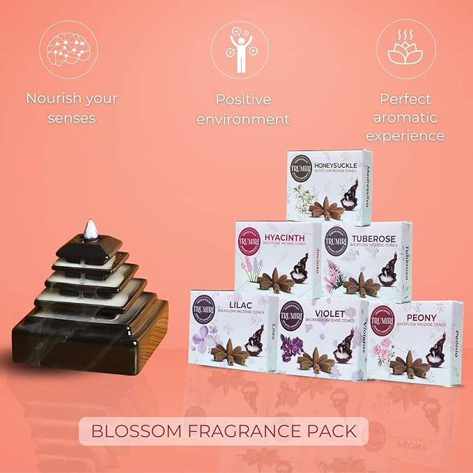 Blossom - Backflow Incense Cones for Waterfall - Scented Inscents-Cones - Peony, Lilac, Hyacinth, Tuberose, Honeysuckle, Violet - Insiensos Aromaticos - 6x10=60 Large Variety Pack TRUMIRI