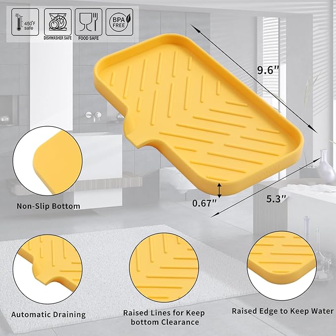 Silicone Bathroom Soap Dishes with Drain Spout-Bathroom and Kitchen Sink Organizer,Sponge Holder,Dish Soap Tray,Perfect for Dispenser,Scrubber,Bottle,Cup on Sink or Counter-Yellow 9.6"×5.3" - Bloomnest