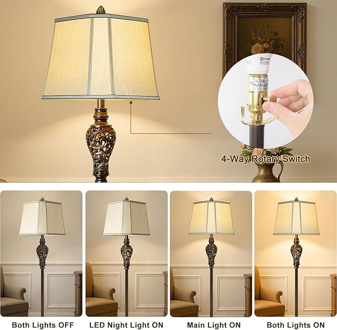 Vintage Floor Lamp with Night Light, 65" Retro Standing Lamp with Brown Finish and Beige Faux Silk Shade, Farmhouse Industrial Design Tall Lamp for Living Room Bedroom Bedside Corner (Bulb Included) - Bloomnest