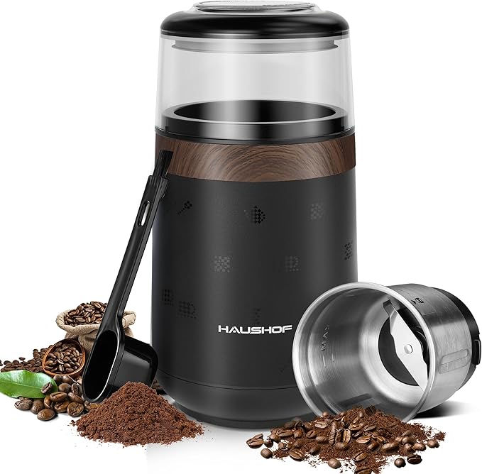HAUSHOF Coffee Grinder Electric, One Touch Design, Spice, Herb, Grinder for Coffee Bean Spices and Seeds with 1 Removable Stainless Steel Bowl, Dry Grinder-Black - Bloomnest