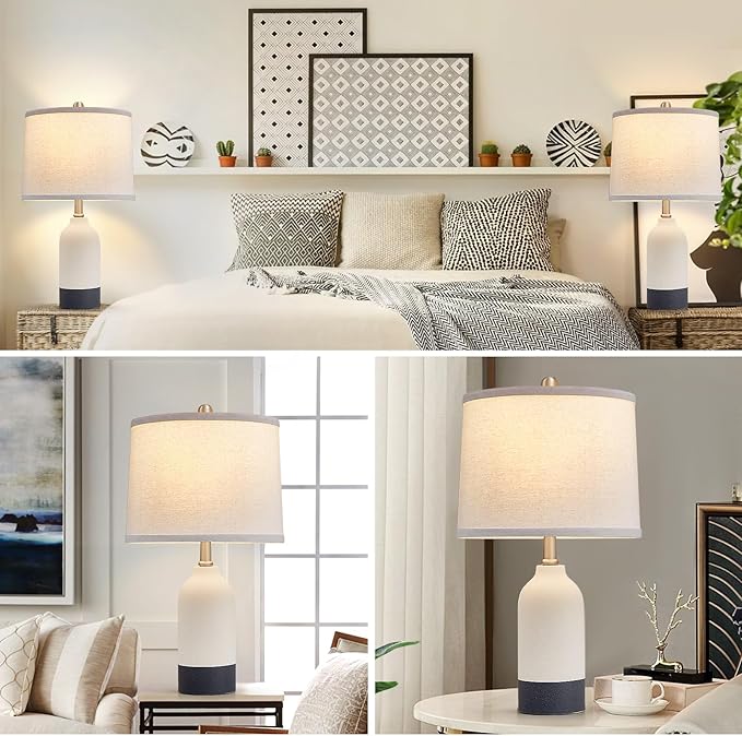 Luvkczc Modern Ceramic Lamps for Bedrooms Set of 2, 3-Color Temperature Table Lamp Bedside Nightstand Desk Reading Lamp with Fabric Drum Shade for Bedroom, Living Room, 2 Bulbs Included (21.4") - Bloomnest