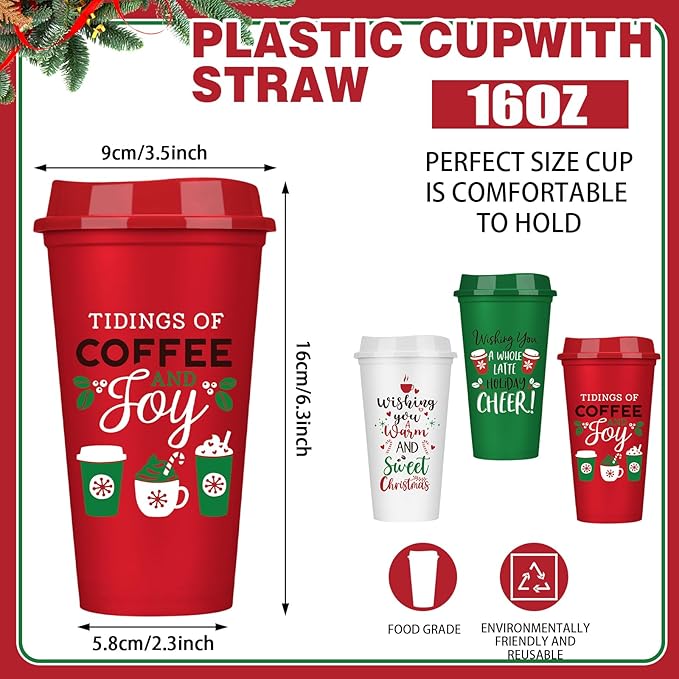 Pickmesh 12 Pack Christmas Coffee Cups Gifts Bulk 16 oz Reusable Coffee Cup Tumblers with Lid Plastic Cups Travel Mug Thank You Gifts for Women Coworkers Holiday Drinks - Bloomnest