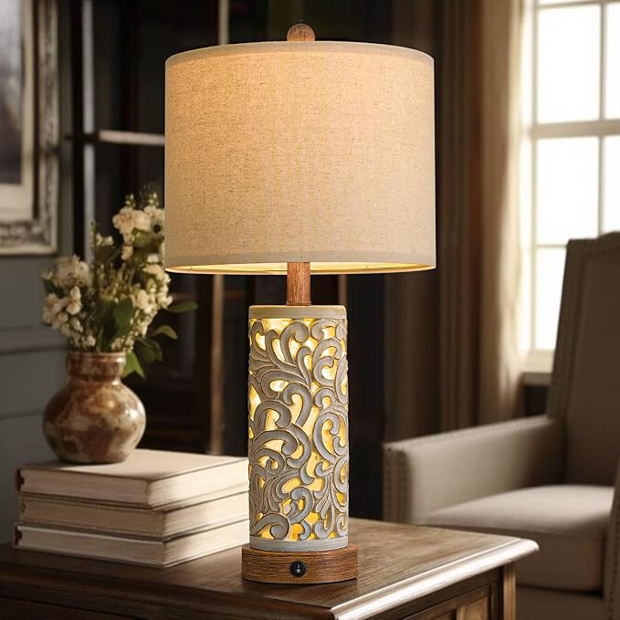 OYEARS 22'' Table Lamp Set of 2 for Living Room,Farmhouse Lamp for for Bedroom,Vintage Retro Bedside Lamps with USB Ports Linen Shade for Home Office (Brown, Bulb Included) - Bloomnest