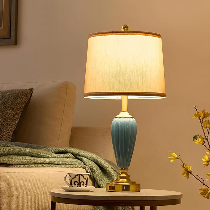 Living Room Table Lamp, 25.5" Touch Lamp for Nightstand with USB A+C Ports, Modern Farmhouse Table Lamps for Bedroom, Bulb Included - Bloomnest