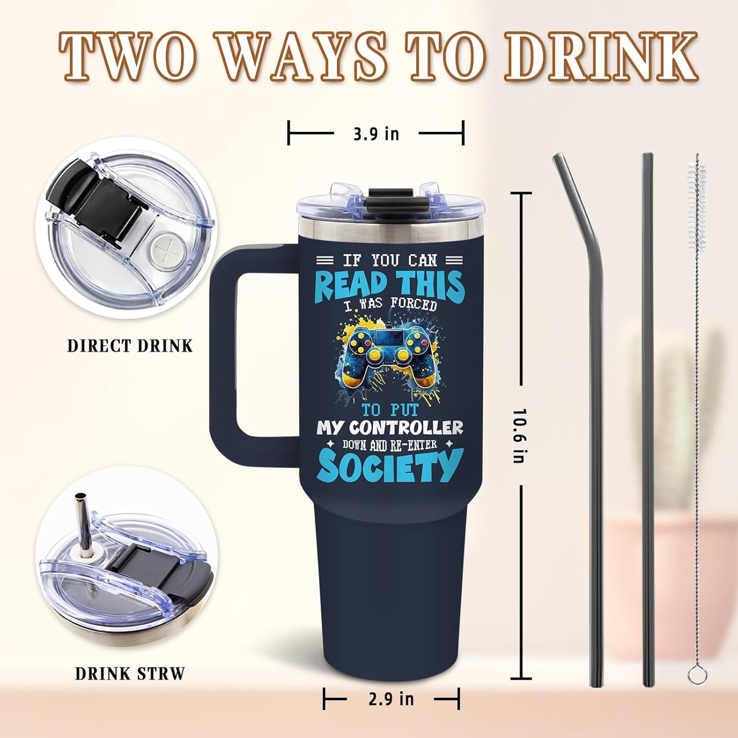 DUUV Gamer Gifts for Men, Gaming Gifts for Boys Kids Teen Son Adults Dad Husband, Christmas Thanksgiving Birthday Gift for Gamers, 40 Oz Gaming Tumbler with Handle and Straws, 1PCS