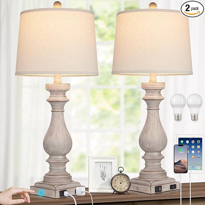 27.5" Farmhouse Table Lamp for Living Room Set of 2,Vintage Bedside Lamps with USB C+A Ports & AC Outlet,3-Way Dimmable Touch Control Gray Washed Finish Nightstand for Bedroom, Gray - Bloomnest