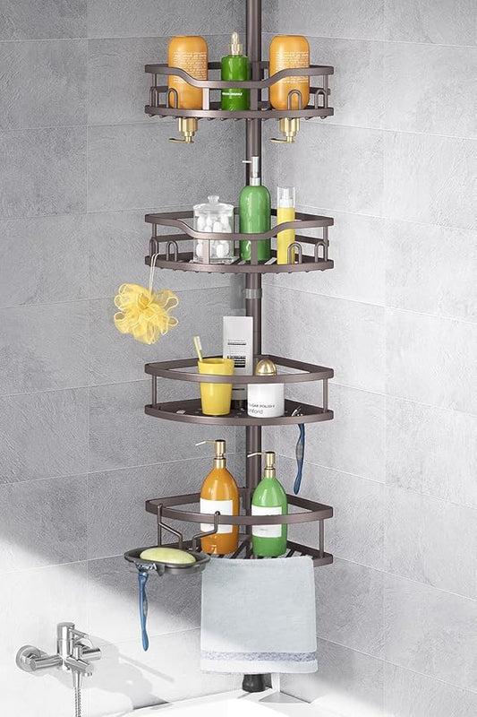 HAMITOR Corner Shower Caddy Tension Pole: Rustproof Stable 4-Tier Bathroom Organizer Shelves for Bathtub Shampoo Storage - 47-121 Inch Quick Install Adjustable Standing Rack with Soap Rack - Bronze - Bloomnest