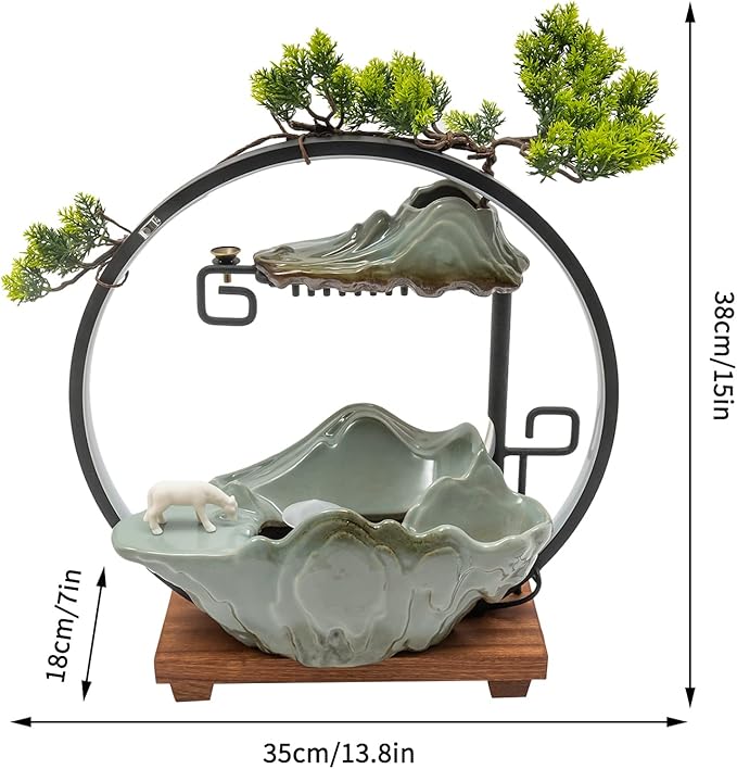 Tabletop Water Fountain, Indoor Waterfall with Round LED Light & Mist Maker and Incense Holder for Home Office Decor for Good Luck Wealth - Bloomnest