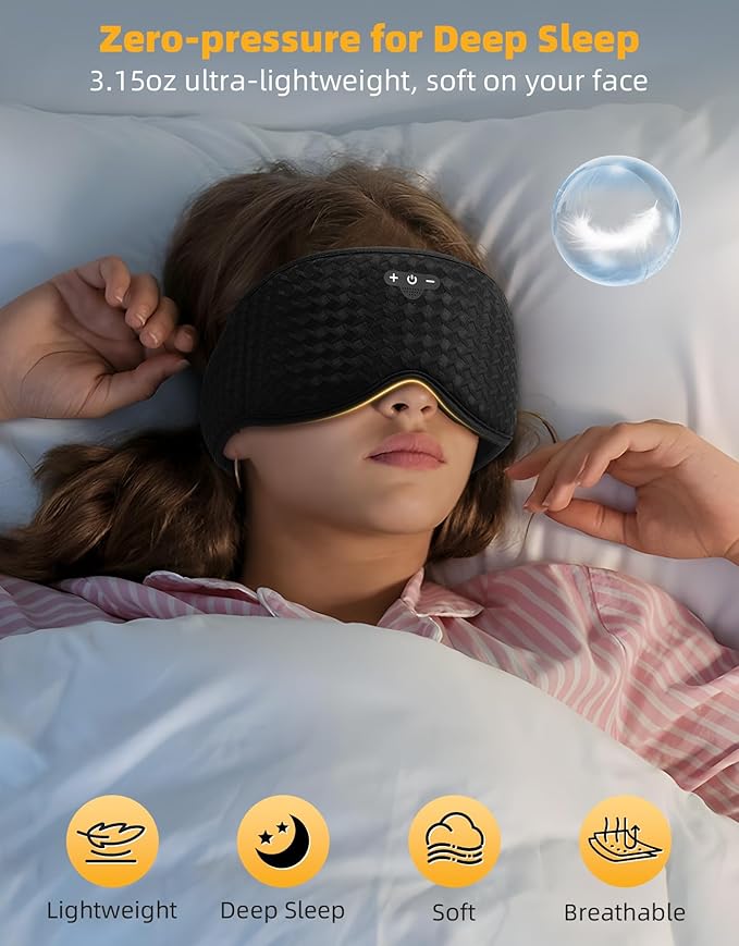 3D Contoured Sleep Mask with Bluetooth Headphones, Adjustable Blackout Sleeping Mask, Easy Installation Sleeping Headphones with Ultra-Thin Stereo Speakers for Men, Women - Black - Bloomnest