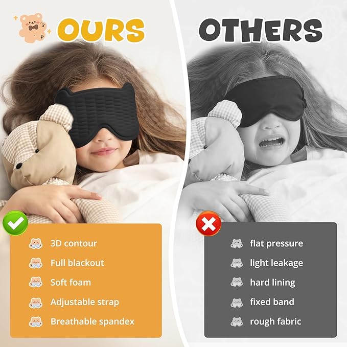 3D Kids Sleep Mask – Cute Bear Eye Mask for Sleeping, Comfortable Memory Foam Sleep Mask for Kids, Adjustable Strap and Lightweight Sleeping Mask for Boys Girls Teens Ages 5-15 (Black) - Bloomnest