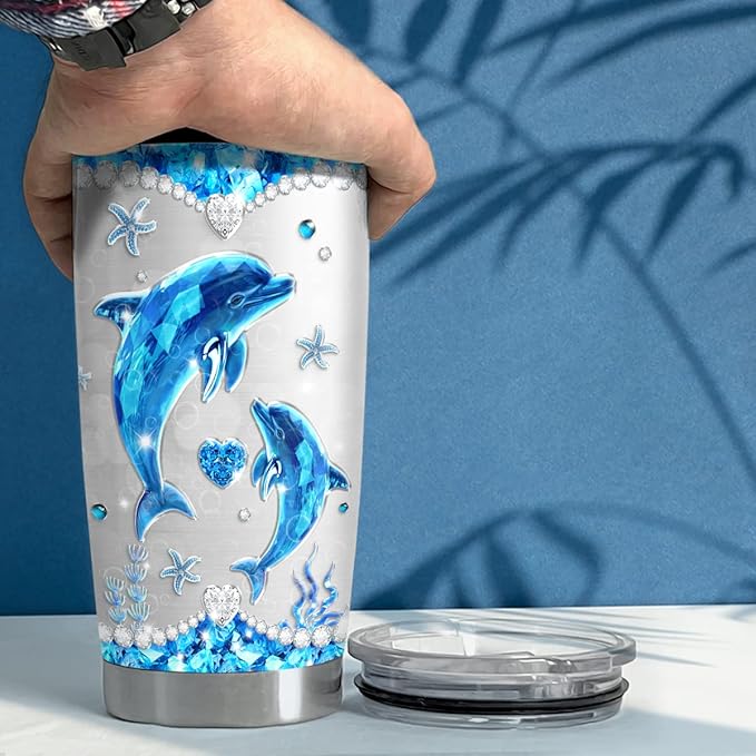 SANDJEST Personalized Dolphin Tumbler Jewelry Drawing Style Stainless Steel 20oz 30oz Insulated Cup Coffee Travel Mug Dolphins Tumblers Christmas Birthday For Women Girl Friend Cups Gift - Bloomnest