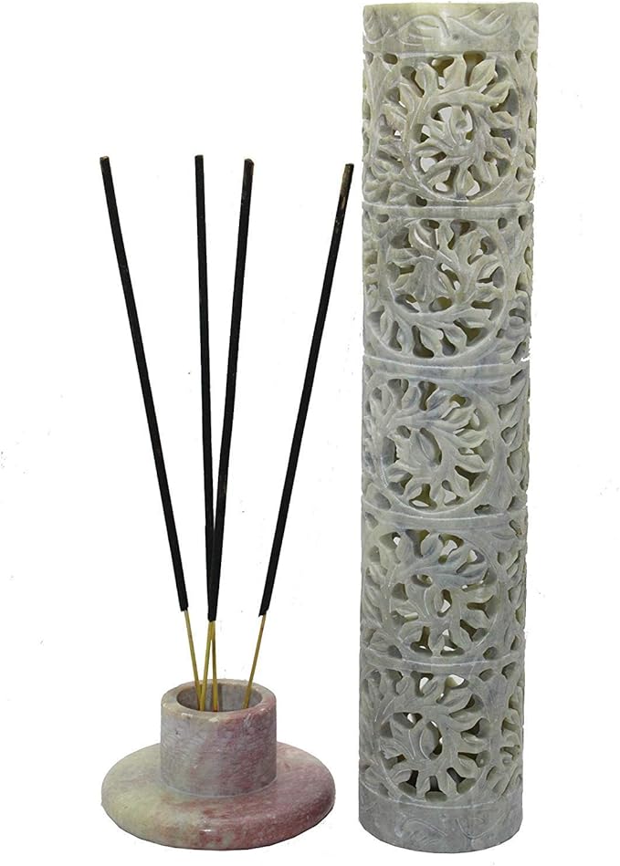 Carry Me Marble Soapstone Incense Stick Holder | Candle Burner | Tea Light Holder - Perfect Handmade Floral Carving for Gifting. Decorative Home and Office Decor.(3 x 3 x 11 Inches) - Bloomnest