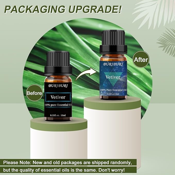 BURIBURI Sandalwood Oils and Vetiver Essential Oils Gifts Set, 2Pcs 100% Pure Aromatherapy Sandalwood Essential Oils for Diffuser, Massage, Soap Making BURIBURI