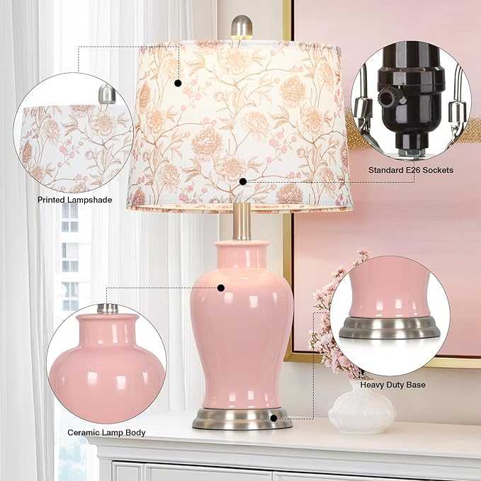 Pink Ceramic Table Lamp with Flower Lampshade, 23" Cute Ceramic Bedside Lamp with Ginger Jar Design, Modern Living Room Lamps Set 2, Elegant Bedroom Lamps for Nightstand Desk Side Home Decor - Bloomnest