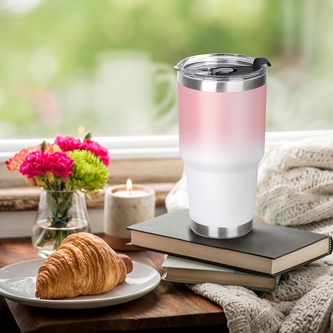 30 oz Tumbler with Lids and Straws Double Wall Vacuum Insulated Tumbler Cup,Stainless Steel Leak-proof Thermal Tumbler Powder Coated Travel Coffee Mug for Cold and Hot Drinks,Pink White - Bloomnest