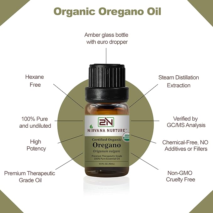 Oregano Essential Oil, USDA Certified Organic, 100% Pure Undiluted, Aromatherapy Oil for Diffuser, Hair & Skin Care NirvanaNurture