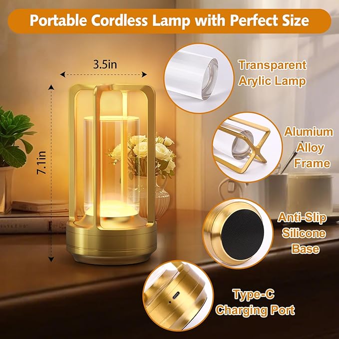 Portable Table Lamp for Outdoor Indoor: Cordless Rechargeable Desk Lamp with 3 Color Stepless Dimmable - Metal Battery Operated Small Lantern Light for Restaurant/Bedroom/Bar/Coffee Shop/Camping - Bloomnest