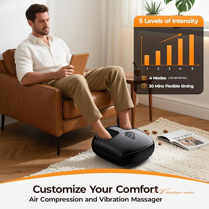 Foot Massager Machine with Heat - Shiatsu, Kneading, Rolling Compression, 4 Modes & 5 Intensity Levels, Versatile Control Methods for Home Office Relaxation, Gift for Men Women
