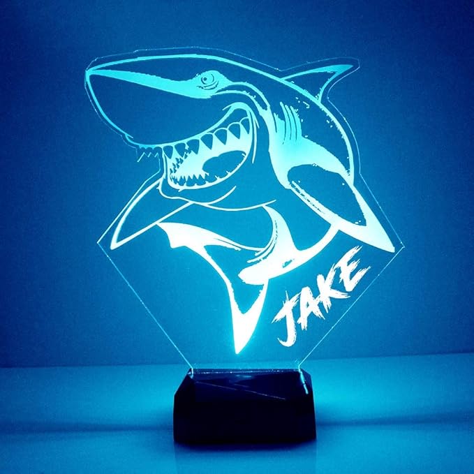 Shark Custom 3D Illusion Lamp with Remote | LED Night Light with Personalized Name, Logo, Image, Design | 4 Modes, 16 Light Colors | USB or Battery Power | Made in The USA - Bloomnest