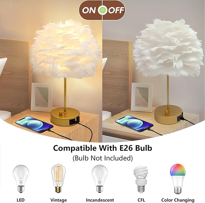 ZYLEIESENBAO Chic White Feather Lamp with USB Charging Port Modern Feather Table Lamp Cute Romantic Bedside Nightstand Light for Girl Room Childrens Room Living Room Entry Wedding Decoration - Bloomnest