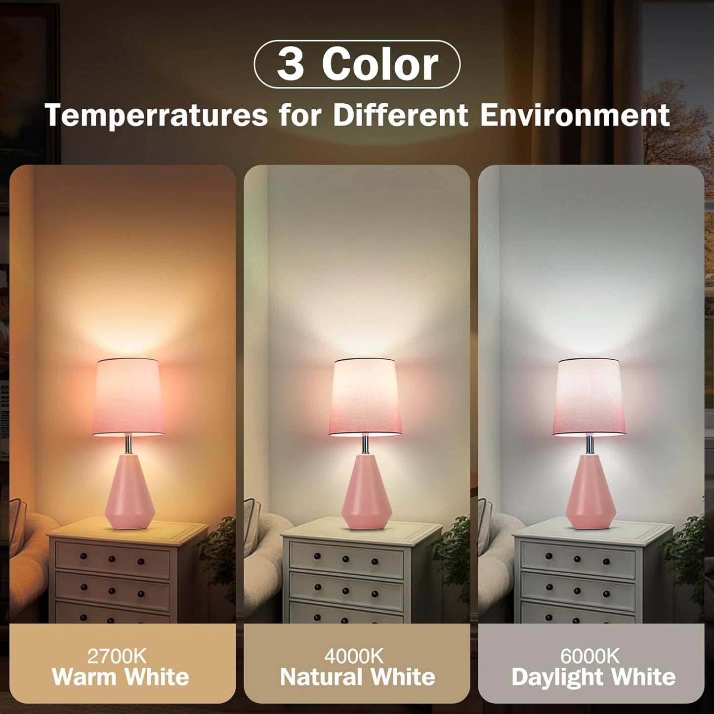 Small Bedside Table Lamp for Bedroom - Reading Desk Lamp with 3 Color Temperatures，15.5" Nightstand Ceramic Lamp with Fabric Shade for Kids Room,Living Room,Dorm,Home Office (Pink)