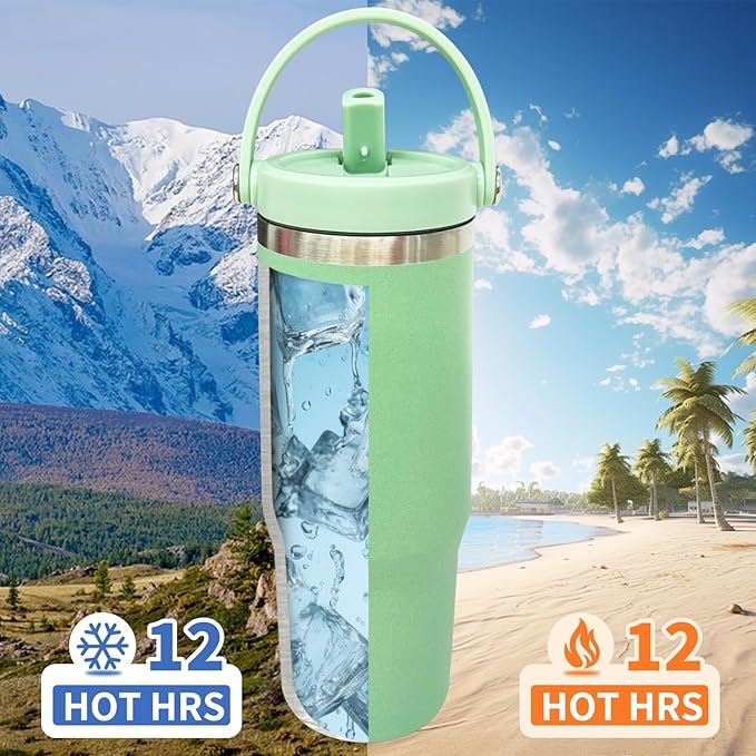 30 oz Tumbler Bulk with Top Handle, Double Wall Vacuum Insulated Tumbler with Flip Straw, Travel Coffee Mug 30oz Powder Coated Cup for Laser Engraving (Green,8 pack) - Bloomnest