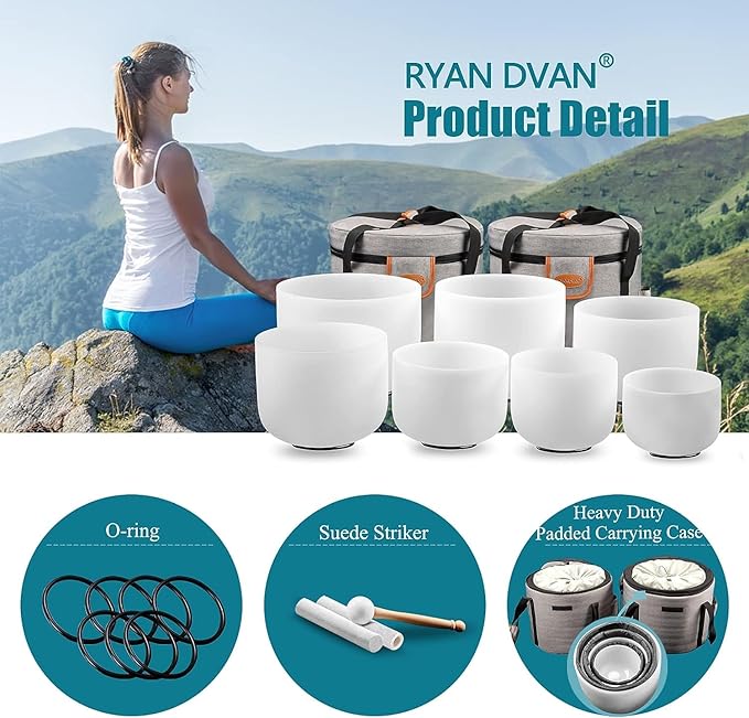 RYAN DVAN 432 hz 7-12 Inch Set of 7 Chakra Symbol Design Frosted Quartz Crystal Singing Bowl Set with Free 2 pcs Carrying Case - Bloomnest