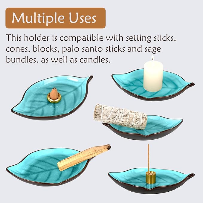 Incense Holder for Sticks (9 Holes) and Cones, Handmade Ceramic Incense Ash Catcher for Meditation, Yoga, SPA Days, Relaxing, Home Decor, Candle Holder, Easy to Clean, Leaf-Shape (Blue) - Bloomnest