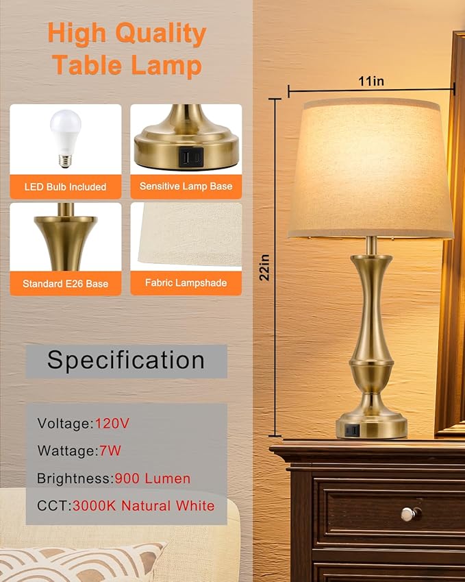 Seealle Upgraded Touch Lamps for Night Stands Set of 2 - Bedside Lamps with USB C+A, 3 Way Dimmable for Bedroom Living Room End Tables Office (Brown&Gold) - Bloomnest
