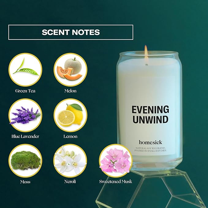 Homesick Scented Candles for Home (Evening Unwind) - 13.75 oz Long-Lasting Natural Soy Wax Blend Jar Candle Gifts for Women & Men, 60-80 Hours Burn Time - Notes of Valencia Orange, Melon & Moss - Bloomnest