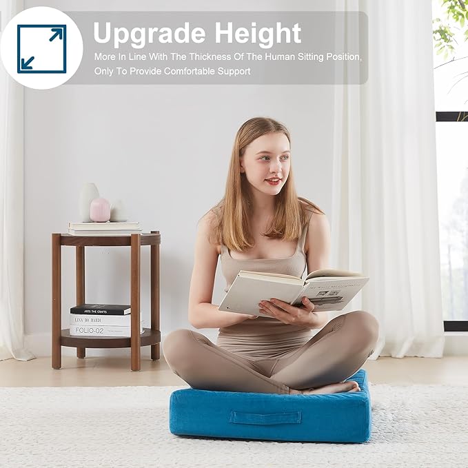 22 inches Floor Pillow for Adults - Large Meditation Cushion with Thick Foam & Soft Tufted Cover - Premium Outdoor Square Floor Cushion Seat - Yoga Pillow for Sitting On Floor - Peacock Blue - Bloomnest