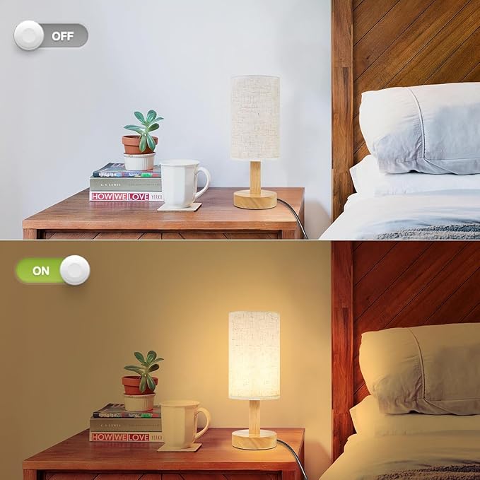 Small Bedside Table Lamps for Bedroom Set of 2,Natural Round Wood Base&Fabric Linen Shade,Cozy Night Light for Study Reading,Minimalist Boho Desk Lamp for Nightstand,Living Room,Nursery,Kitchen,Dorm - Bloomnest