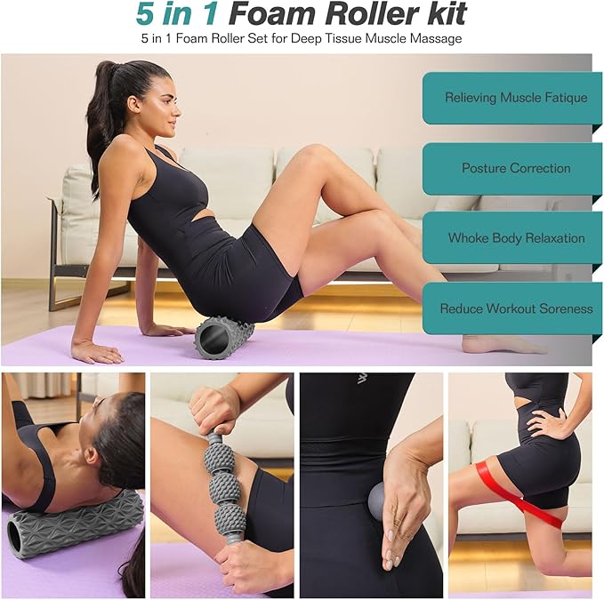 5 in 1 Foam Roller Set - Trigger Point Foam Back Roller, Muscle Roller Stick, Massage Ball, Stretching Band for Deep Muscle Massage Pilates Yoga,Fitness Exercise for Whole Body Release - Bloomnest