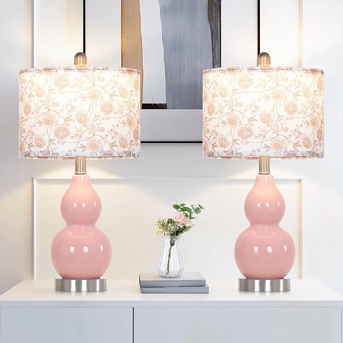 Pink Double Gourd Ceramic Lamps Set of 2 with Flower Lampshade, Modern Table Lamps for Living Room, Contemporary Nightstand Bedside Lamp for Bedrooms End Tables Office Dorm Decor(2 LED Bulbs Included) - Bloomnest