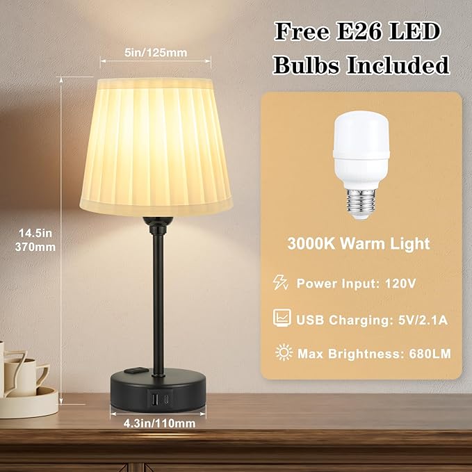 Acaxin White Bedside Lamps for bedrooms Set of 2 - White Pleated Lamp Shade with USB Charging Ports, Touch Lamps for Nighstand, Night Stand Lamp for Dorm/Office/Living Room/Class Room - Bloomnest