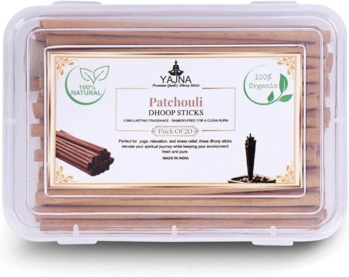 Yajna Patchouli-100%-Natural-Incense-Bambooless-Dhoop-Sticks Handmade-Organic-Chemicals-Free for-Purification-Relaxation-Positivity-Yoga-Meditation The-Best-scents-4.5-Inches-20-Count Yajna