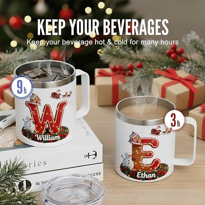 Personalized Christmas Mug | Custom Gingerbread Village Initial Insulated Cup with Handle & Lid | 12oz Holiday Tumbler, Cute Santa & Snowman Gift for (B35) - Bloomnest