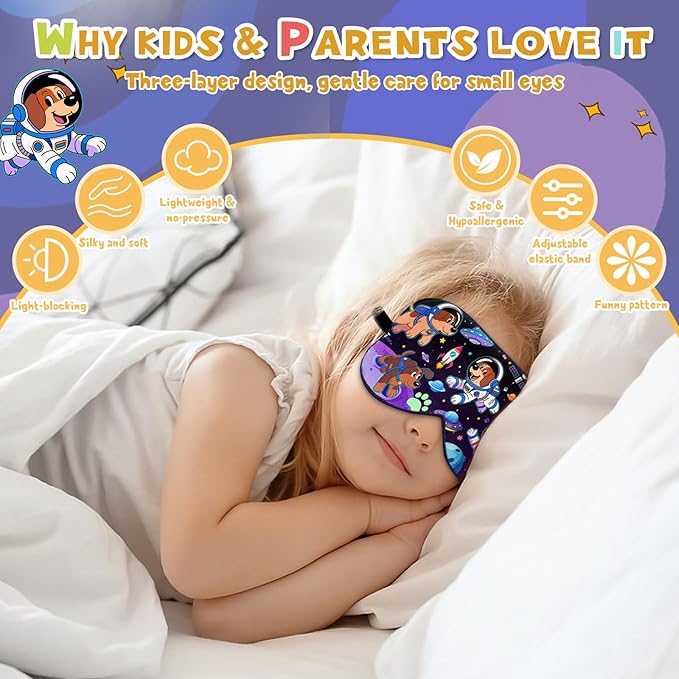 Silk Kids Sleep Mask: 100% Mulberry Silk Eye Mask, Sleeping Masks with Adjustable Strap, Soft & Light-Blocking Printed Kid Eye Cover for Boys Girls Teens Aged 5-15 (Space Dog Theme) - Bloomnest