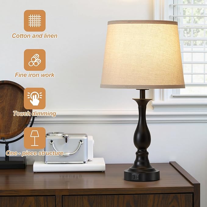 Bedside Table Lamp Touch Control Bedroom Lamps with USB A and C Charging Port 3 Way Dimmable Touch Lamps for Nightstand Living Room Bedroom Dorm Home Office Reading, Set of 2 - Bloomnest