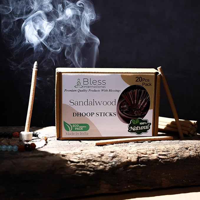 Bless-International Sandalwood-100%-Natural-Incense-Bambooless-Dhoop-Sticks Handmade-Organic-Chemicals-Free for-Purification-Relaxation-Positivity-Yoga-Meditation The-Best-scents-4.5-Inches-20-Sticks BlessInternational