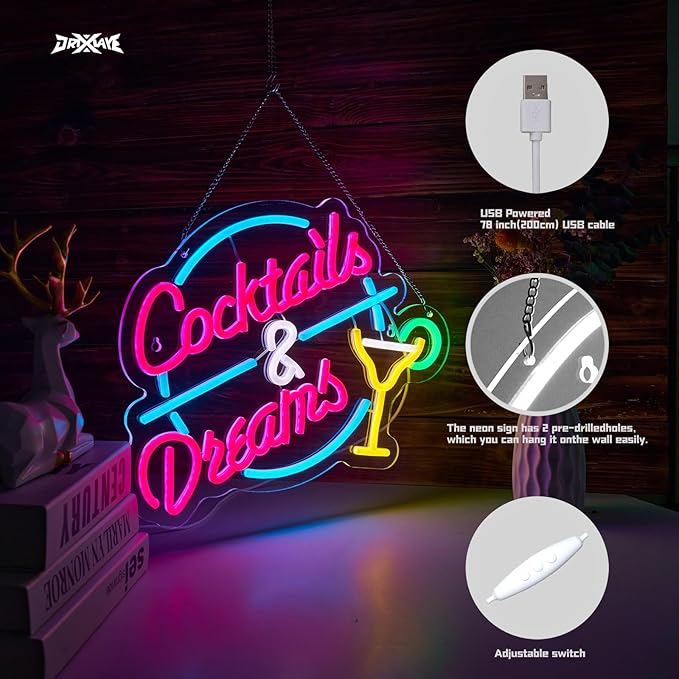 Cocktails and Dreams Neon Sign for Wall Decor Beer Bar Neon Light Smart plug timer compatible USB-Powered Perfect for Home Bars, Pubs & Restaurants (15.4x12.6 Inches) - Bloomnest