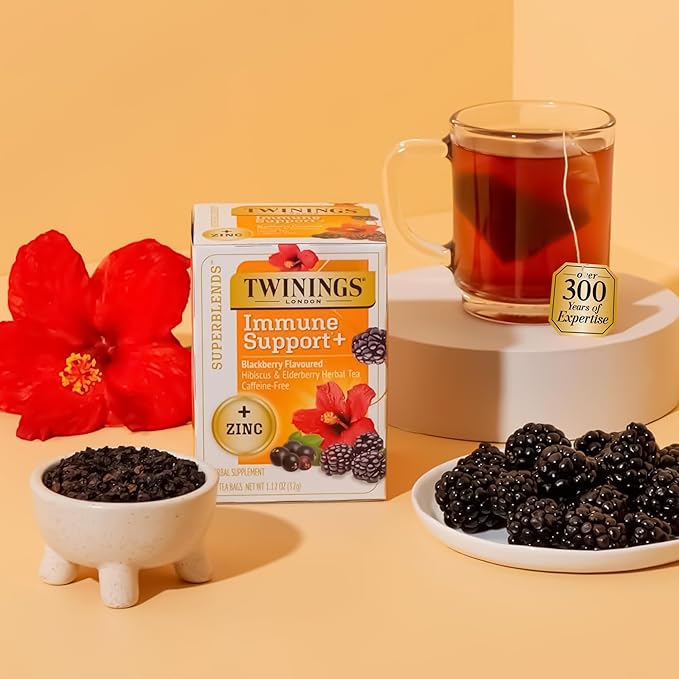 Twinings Superblends Immune Support+ Zinc Blackberry Flavoured Hibiscus & Elderberry Herbal, Naturally Caffeine-Free, 16 Count (Pack of 1), Enjoy Hot or Iced, 16 Teabags - Bloomnest