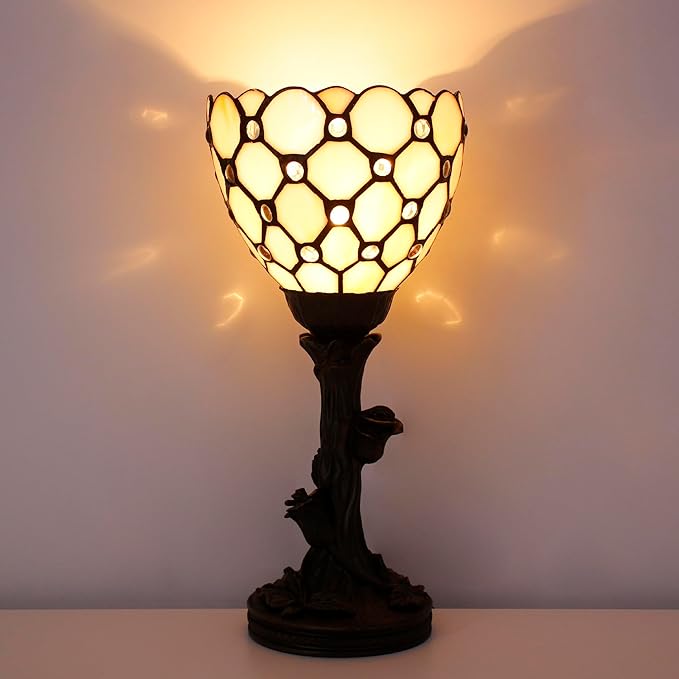 Small Tiffany Lamp Mini Stained Glass Table Lamp Cream Bead Accent Desk Uplight W6 H13.5 Inch Bronze Resin Base - Bloomnest